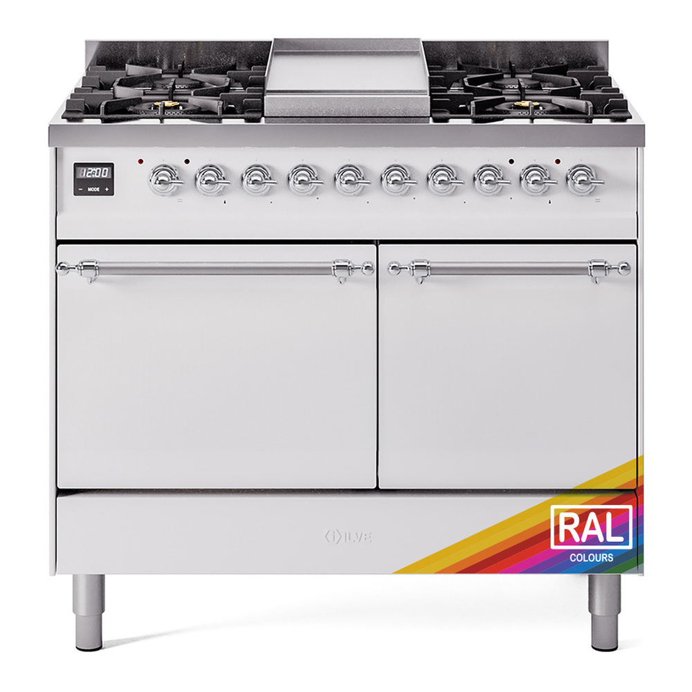 ILVE UPD40FQNMPRAC Nostalgie II 40 inch Dual Fuel Range with Double Ovens, 6 Burners and Griddle (Natural Gas, Solid Door, RAL, Chrome) 1 UPD40FQNMPRAC
