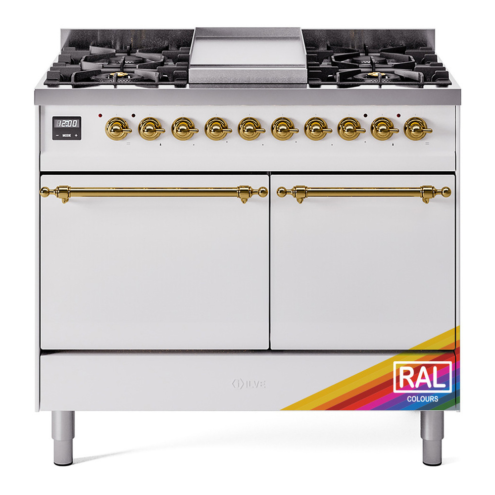 ILVE UPD40FQNMPRAGLP Nostalgie II 40 inch Dual Fuel Range with Double Ovens, 6 Burners and Griddle (Liquid Propane, Solid Door, RAL, Brass) 1 UPD40FQNMPRAGLP