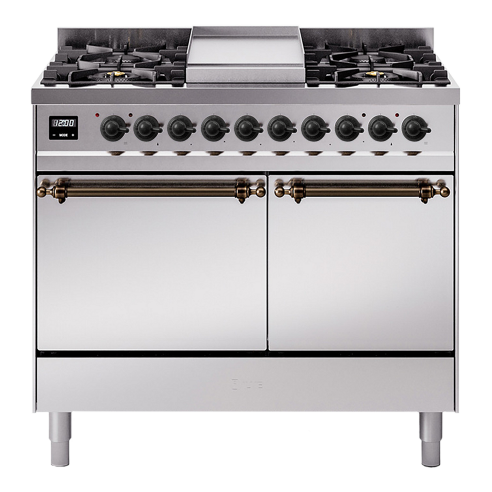 ILVE UPD40FQNMPSSBLP Nostalgie II 40 inch Dual Fuel Range with Double Ovens, 6 Burners and Griddle (Liquid Propane, Solid Door, Stainless Steel, Burnished) 1 UPD40FQNMPSSBLP