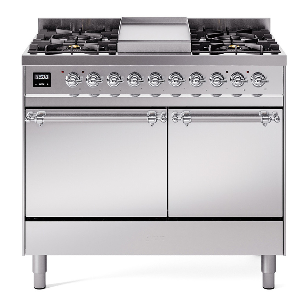 ILVE UPD40FQNMPSSC Nostalgie II 40 inch Dual Fuel Range with Double Ovens, 6 Burners and Griddle (Natural Gas, Solid Door, Stainless Steel, Chrome) 1 UPD40FQNMPSSC