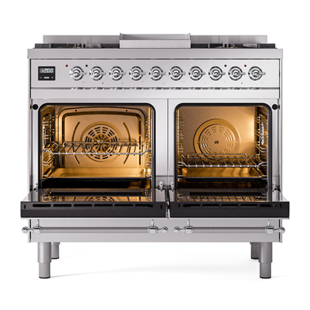 ILVE UPD40FQNMPSSC Nostalgie II 40 inch Dual Fuel Range with Double Ovens, 6 Burners and Griddle (Natural Gas, Solid Door, Stainless Steel, Chrome) 5 ILVE_UPD40FQNMPSSC_Nostalgie_II_oven_door_opened