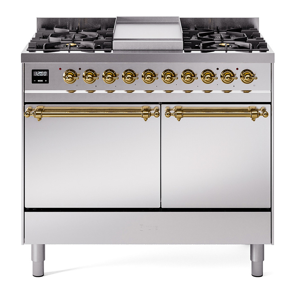 ILVE UPD40FQNMPSSGLP Nostalgie II 40 inch Dual Fuel Range with Double Ovens, 6 Burners and Griddle (Liquid Propane, Solid Door, Stainless Steel, Brass) 1 UPD40FQNMPSSGLP