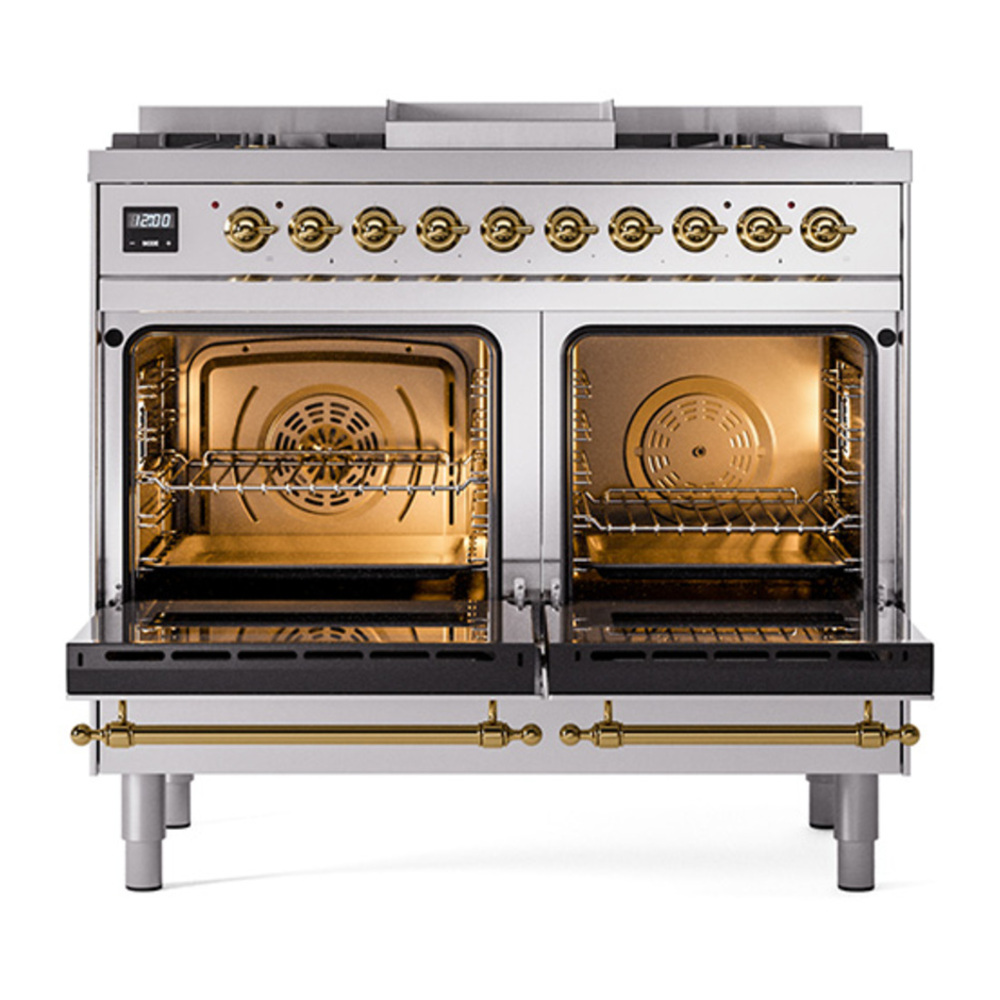 ILVE UPD40FQNMPSSGLP Nostalgie II 40 inch Dual Fuel Range with Double Ovens, 6 Burners and Griddle (Liquid Propane, Solid Door, Stainless Steel, Brass) 5 ILVE_UPD40FQNMPSSGLP_Nostalgie_II_oven_door_opened