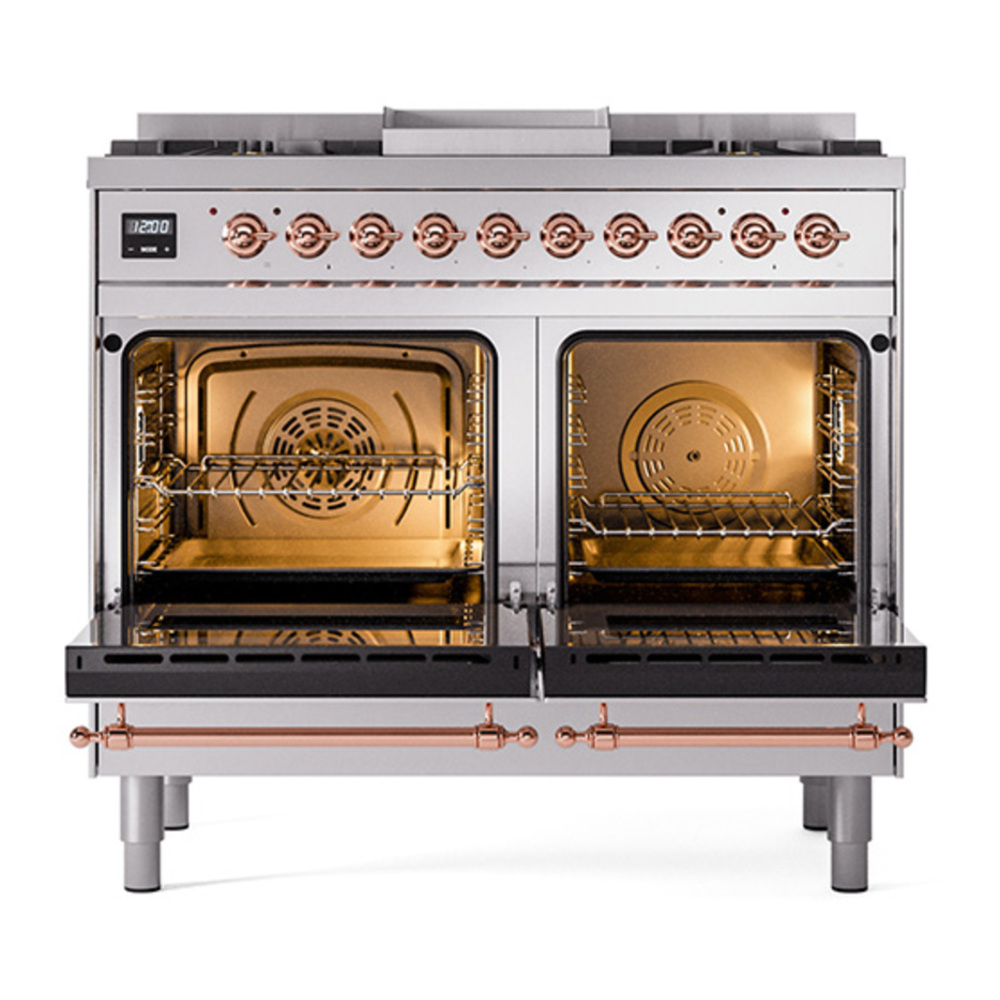 ILVE UPD40FQNMPSSPLP Nostalgie II 40 inch Dual Fuel Range with Double Ovens, 6 Burners and Griddle (Liquid Propane, Solid Door, Stainless Steel, Copper) 5 ILVE_UPD40FQNMPSSPLP_Nostalgie_II_oven_door_opened