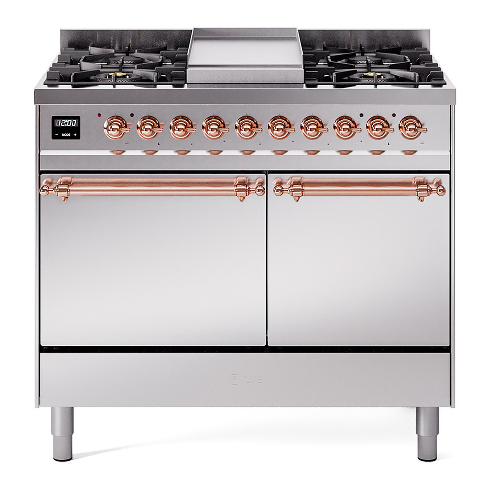 ILVE UPD40FQNMPSSP Nostalgie II 40 inch Dual Fuel Range with Double Ovens, 6 Burners and Griddle (Natural Gas, Solid Door, Stainless Steel, Copper) 1 UPD40FQNMPSSP