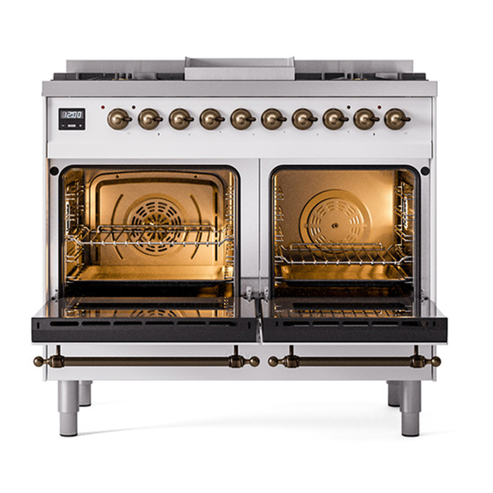 ILVE UPD40FQNMPWHBLP Nostalgie II 40 inch Dual Fuel Range with Double Ovens, 6 Burners and Griddle (Liquid Propane, Solid Door, White, Burnished) 5 ILVE_UPD40FQNMPWHBLP_Nostalgie_II_oven_door_opened