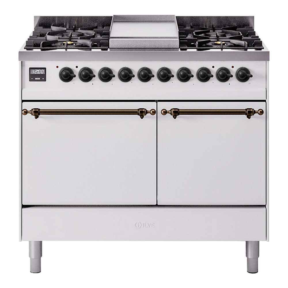 ILVE UPD40FQNMPWHB Nostalgie II 40 inch Dual Fuel Range with Double Ovens, 6 Burners and Griddle (Natural Gas, Solid Door, White, Burnished) 1 UPD40FQNMPWHB