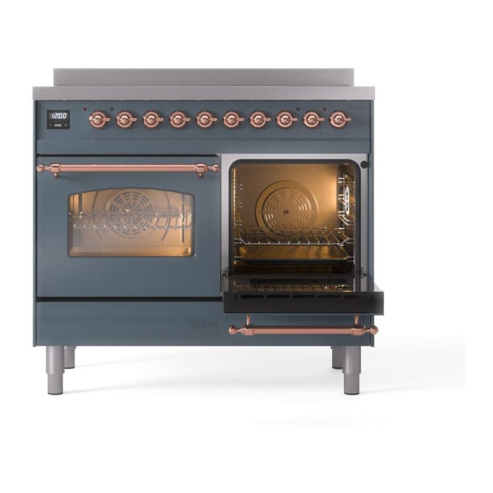 ILVE UPDI406NMPBGP Nostalgie II 40 inch Induction Range with 6 Elements (Triple Glass Door, Blue Grey, Copper) 7 ILVE Nostalgie II 40" UPDI406NMPBGP Induction Range, side oven door opened