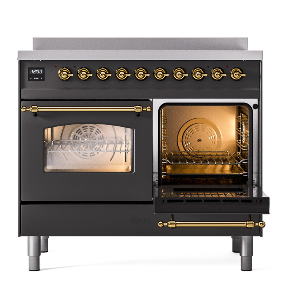 ILVE UPDI406NMPMGG Nostalgie II 40 inch Induction Range with 6 Elements (Triple Glass Door, Graphite Matte, Brass) 8 ILVE UPDI406NMP side opened