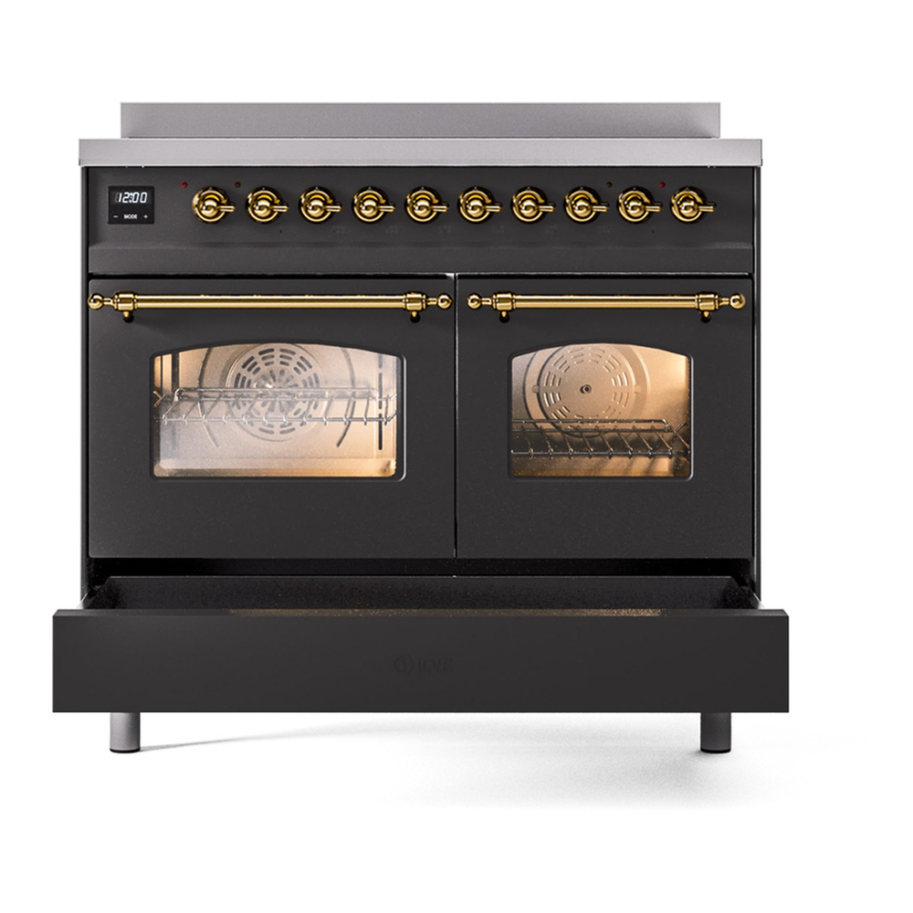 ILVE UPDI406NMPMGG Nostalgie II 40 inch Induction Range with 6 Elements (Triple Glass Door, Graphite Matte, Brass) 9 ILVE UPDI406NMP drawer opened