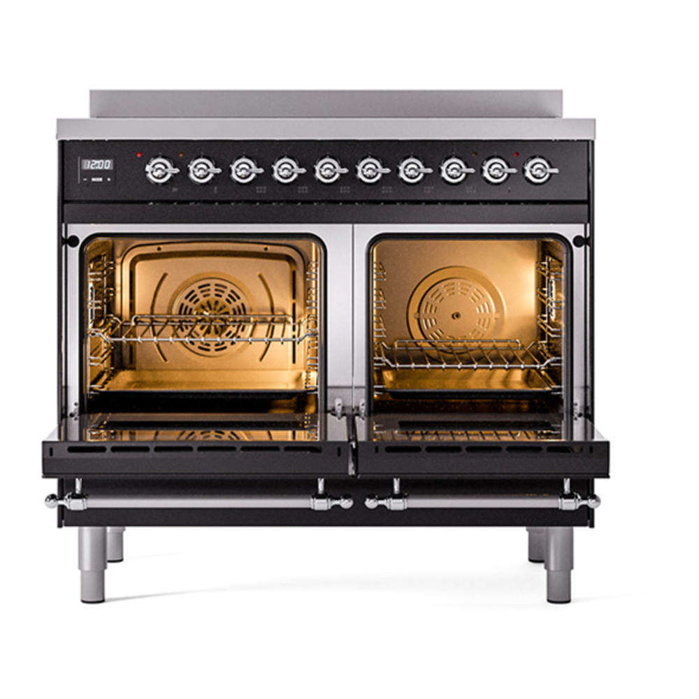 ILVE UPDI406QNMPBKC Nostalgie II 40 inch Induction Range with 6 Elements (Solid Door, Glossy Black, Chrome) 5 ILVE_UPDI406QNMPBKC_oven_door_opened