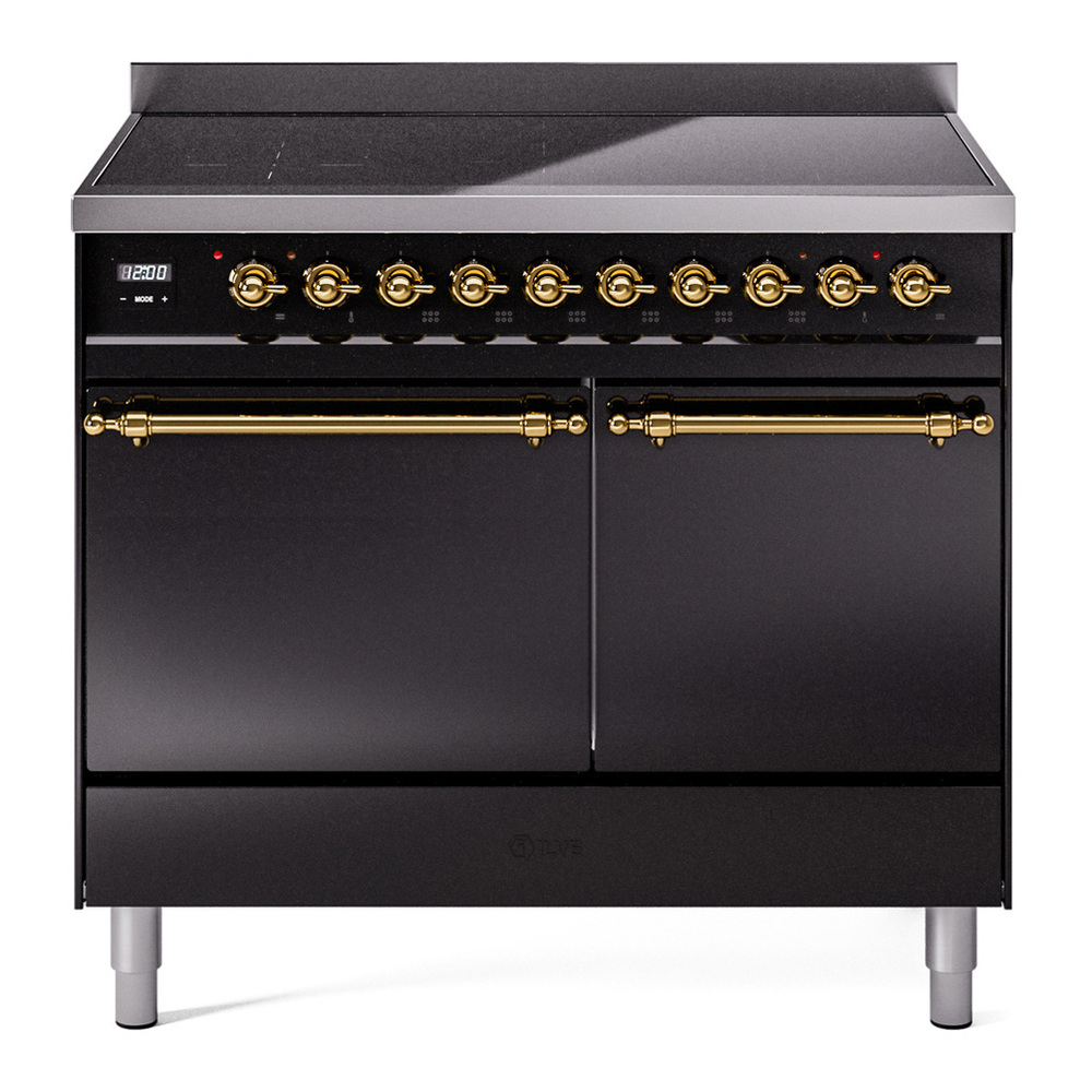 ILVE UPDI406QNMPBKG Nostalgie II 40 inch Induction Range with 6 Elements (Solid Door, Glossy Black, Brass) 1 UPDI406QNMPBKG