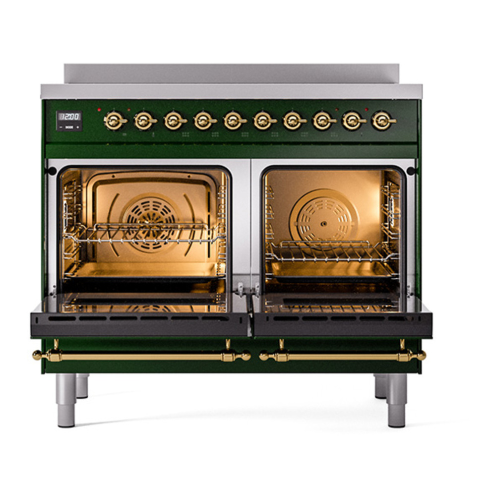 ILVE UPDI406QNMPEGG Nostalgie II 40 inch Induction Range with 6 Elements (Solid Door, Emerald Green, Brass) 5 ILVE_UPDI406QNMPEGG_oven_door_opened