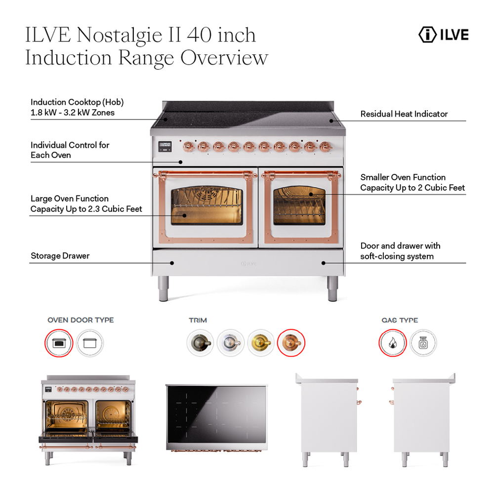 ILVE UPDI406QNMPWHB Nostalgie II 40 inch Induction Range with 6 Elements (Solid Door, White, Burnished) 2 ILVE UPDI406NMP Nostalgie II 40 inch Induction Range with 6 Elements