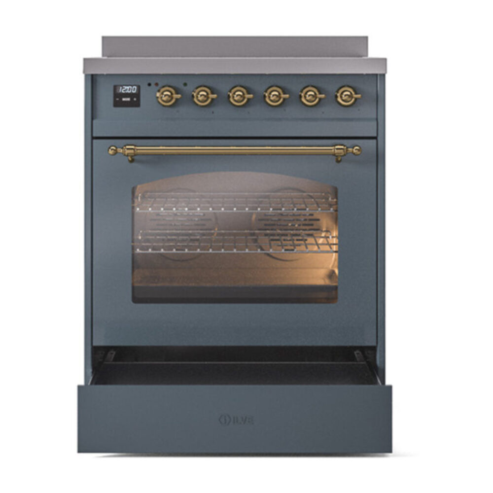 ILVE_UPI304NMPBGG_Nostalgie_II_30"_Dual_Fuel_Range_drawer_opened