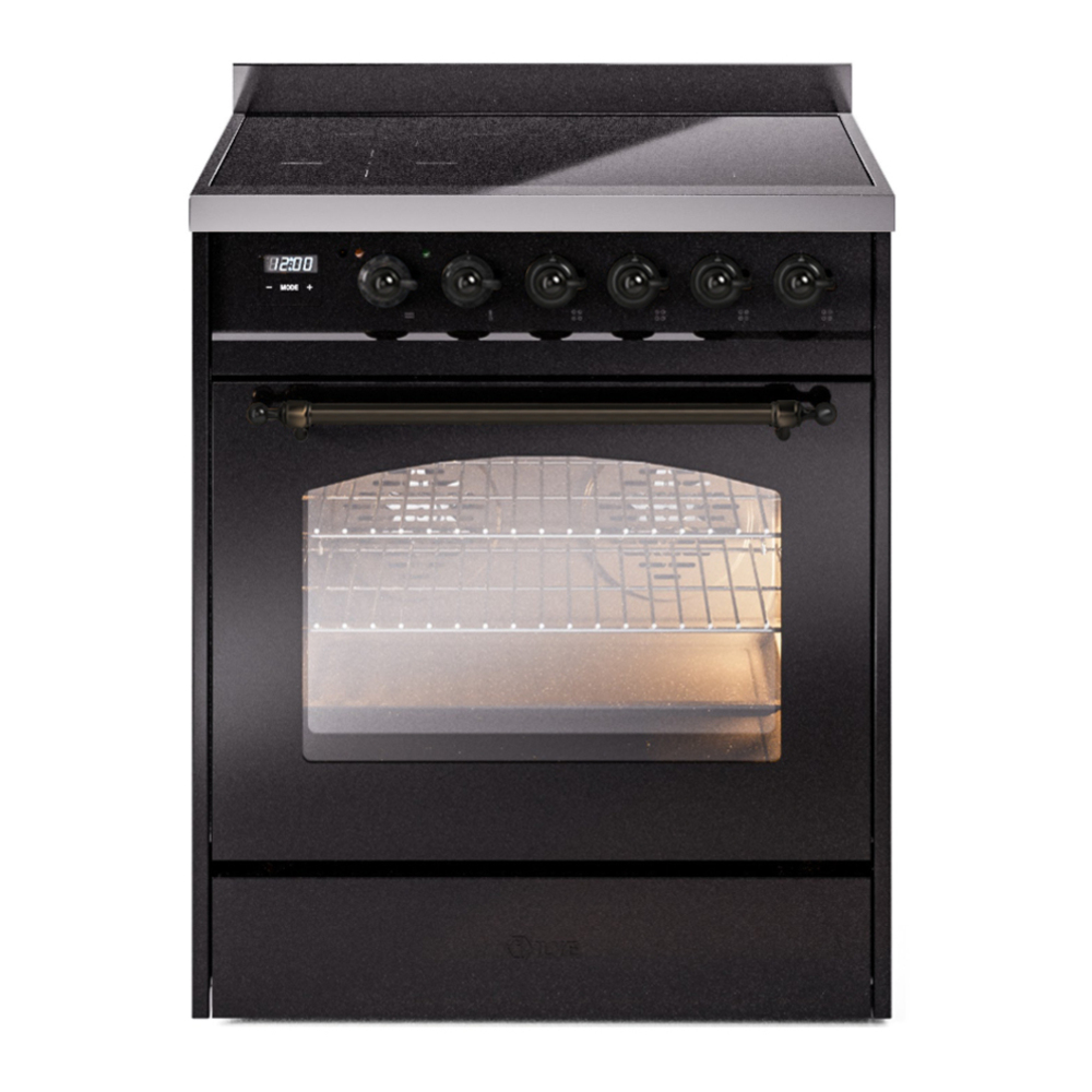 ILVE UPI304NMPBKB Nostalgie II 30 inch Induction Range with 4 Elements (Triple Glass Door, Glossy Black, Burnished) 1 UPI304NMPBKB