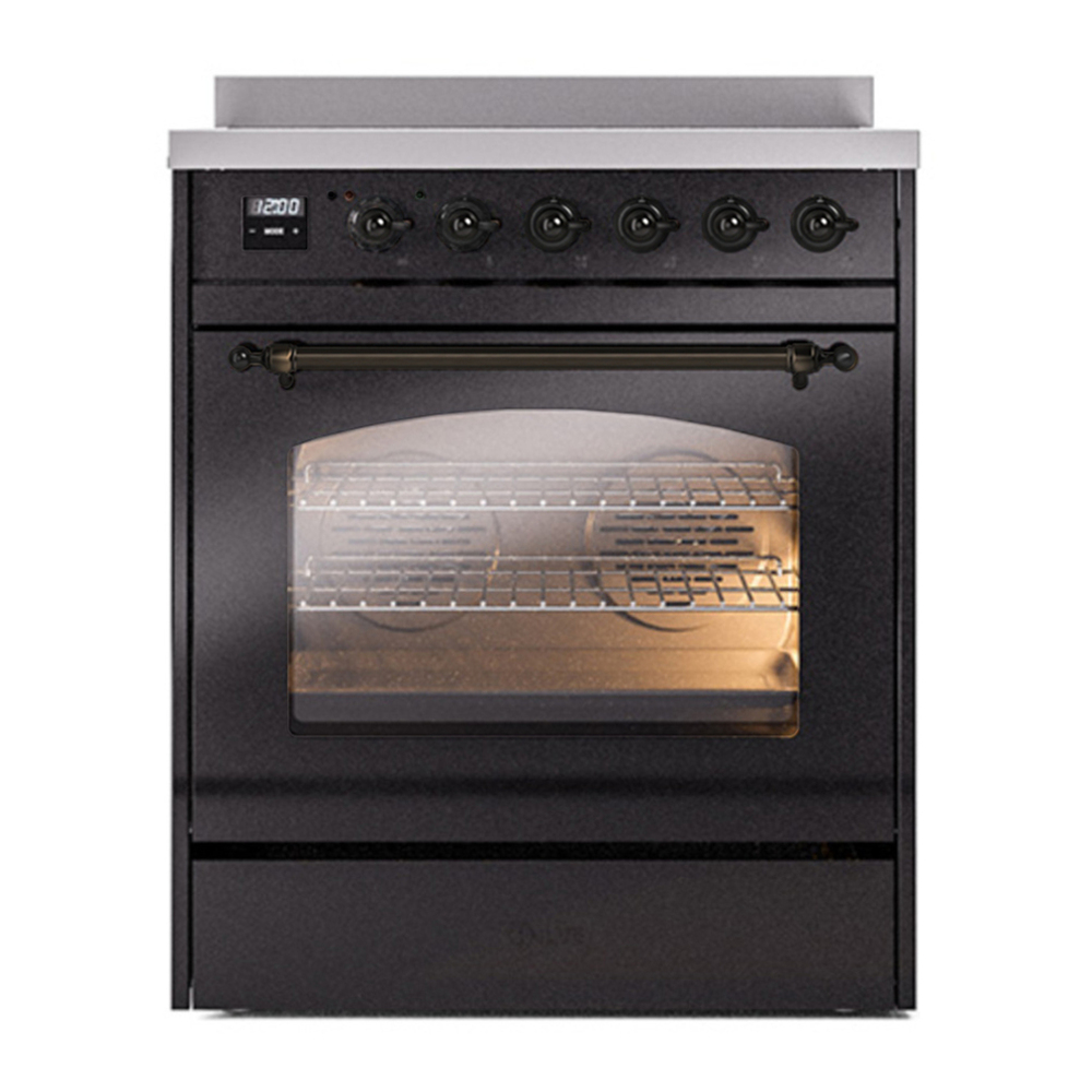 ILVE UPI304NMPBKB Nostalgie II 30 inch Induction Range with 4 Elements (Triple Glass Door, Glossy Black, Burnished) 5 ILVE UPI304NMP front view