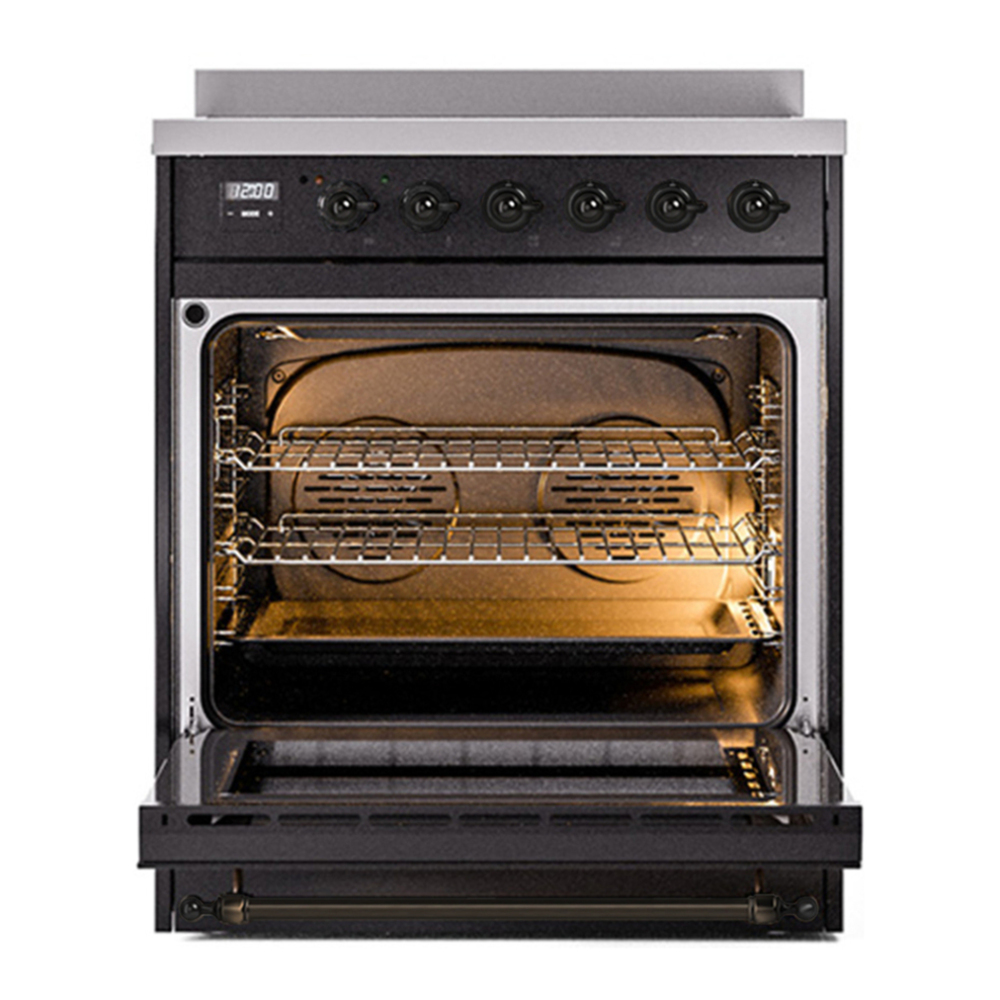 ILVE UPI304NMPBKB Nostalgie II 30 inch Induction Range with 4 Elements (Triple Glass Door, Glossy Black, Burnished) 6 ILVE UPI304NMP door opened