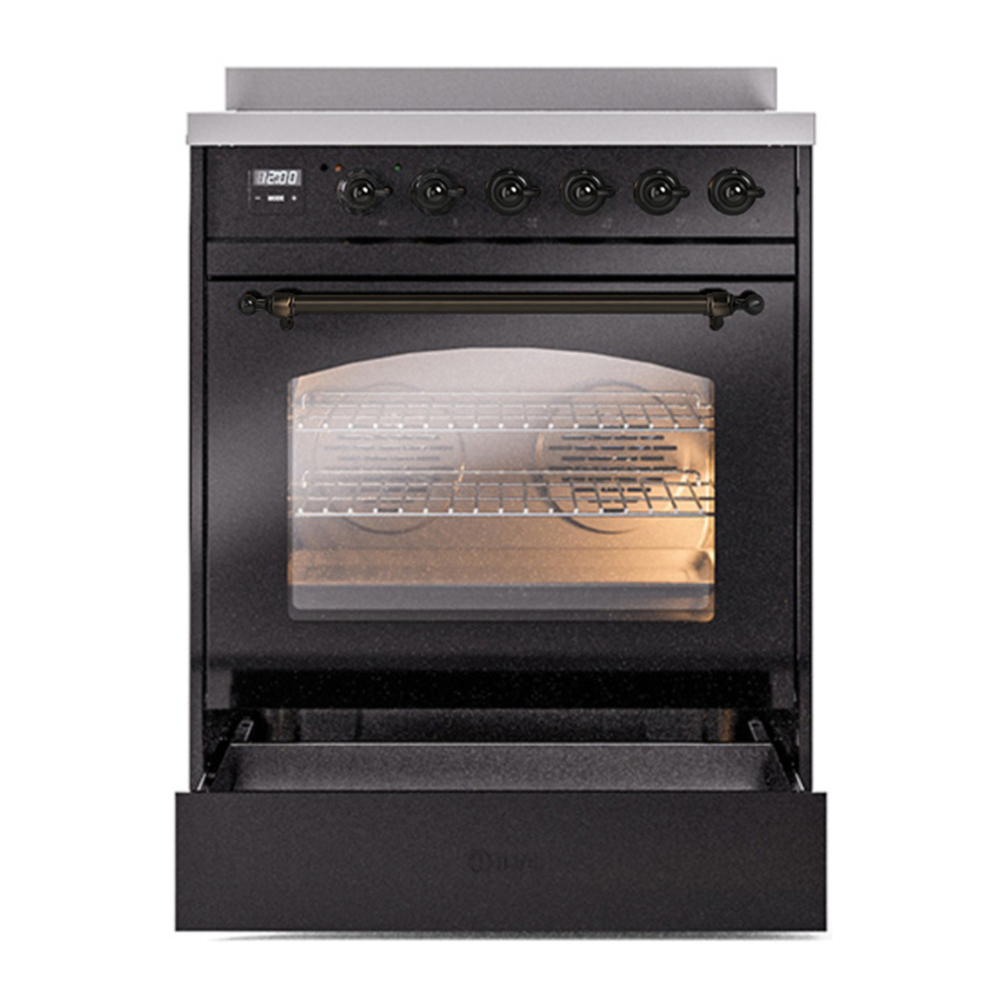 ILVE UPI304NMPBKB Nostalgie II 30 inch Induction Range with 4 Elements (Triple Glass Door, Glossy Black, Burnished) 7 ILVE UPI304NMP drawer opened