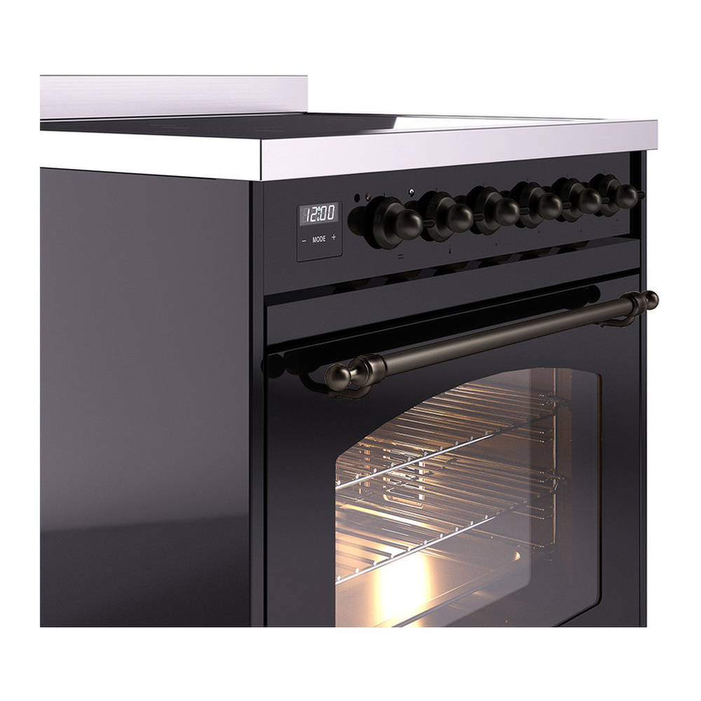 ILVE UPI304NMPBKB Nostalgie II 30 inch Induction Range with 4 Elements (Triple Glass Door, Glossy Black, Burnished) 8 ILVE UPI304NMP close up