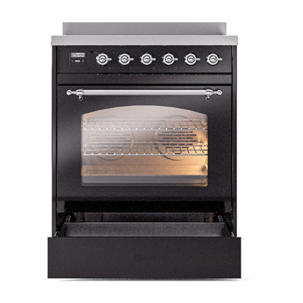 ILVE_UPI304NMPBKC_Nostalgie_II_30"_Dual_Fuel_Range_drawer_opened