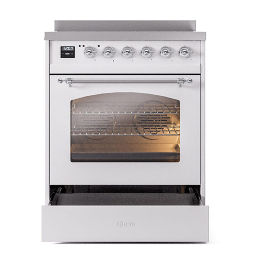 ILVE_UPI304NMPWHC_Nostalgie_II_30"_Dual_Fuel_Range_drawer_opened