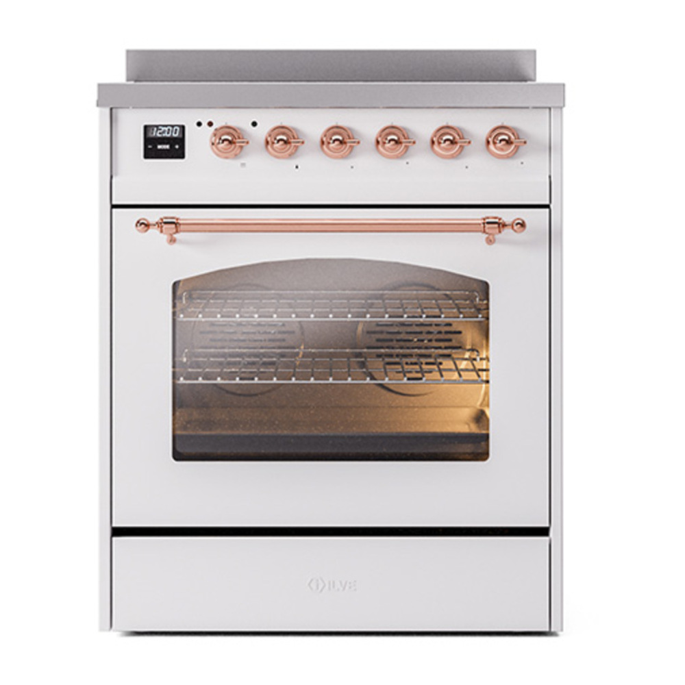 ILVE UPI304NMPWHP Nostalgie II 30 inch Induction Range with 4 Elements (Triple Glass Door, White, Copper) 5 ILVE_UPI304NMPWHP_Nostalgie_II_30"_Dual_Fuel_Range_front_view
