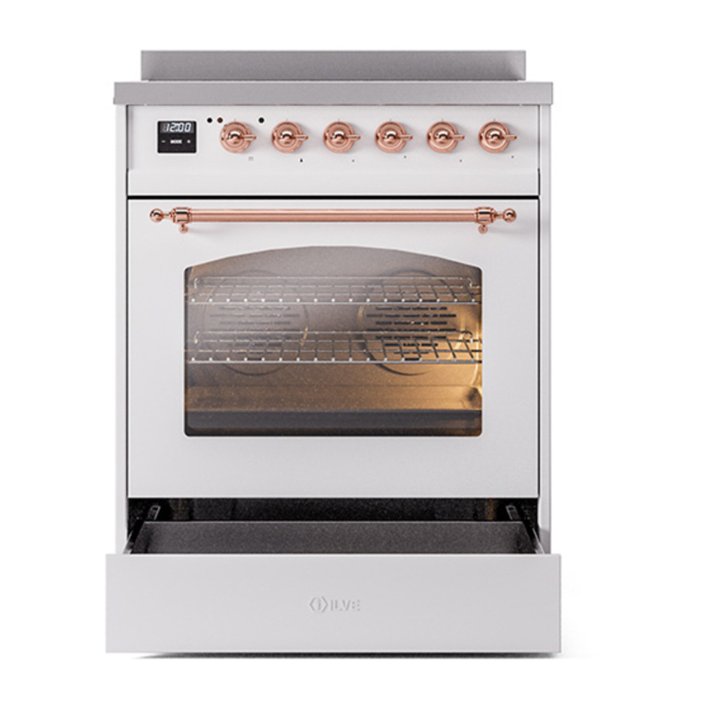 ILVE UPI304NMPWHP Nostalgie II 30 inch Induction Range with 4 Elements (Triple Glass Door, White, Copper) 7 ILVE_UPI304NMPWHP_Nostalgie_II_30"_Dual_Fuel_Range_drawer_opened