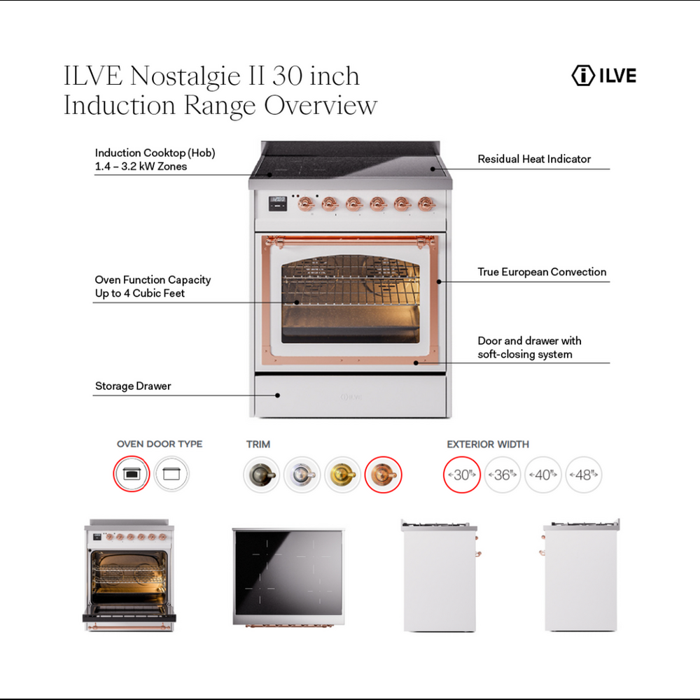 ILVE UPI304QNMPAWP Nostalgie II 30 inch Induction Range with 4 Elements (Solid Door, Antique White, Copper) 4 ILVE UPI304NMP Nostalgie II 30 inch Induction Range with 4 Elements