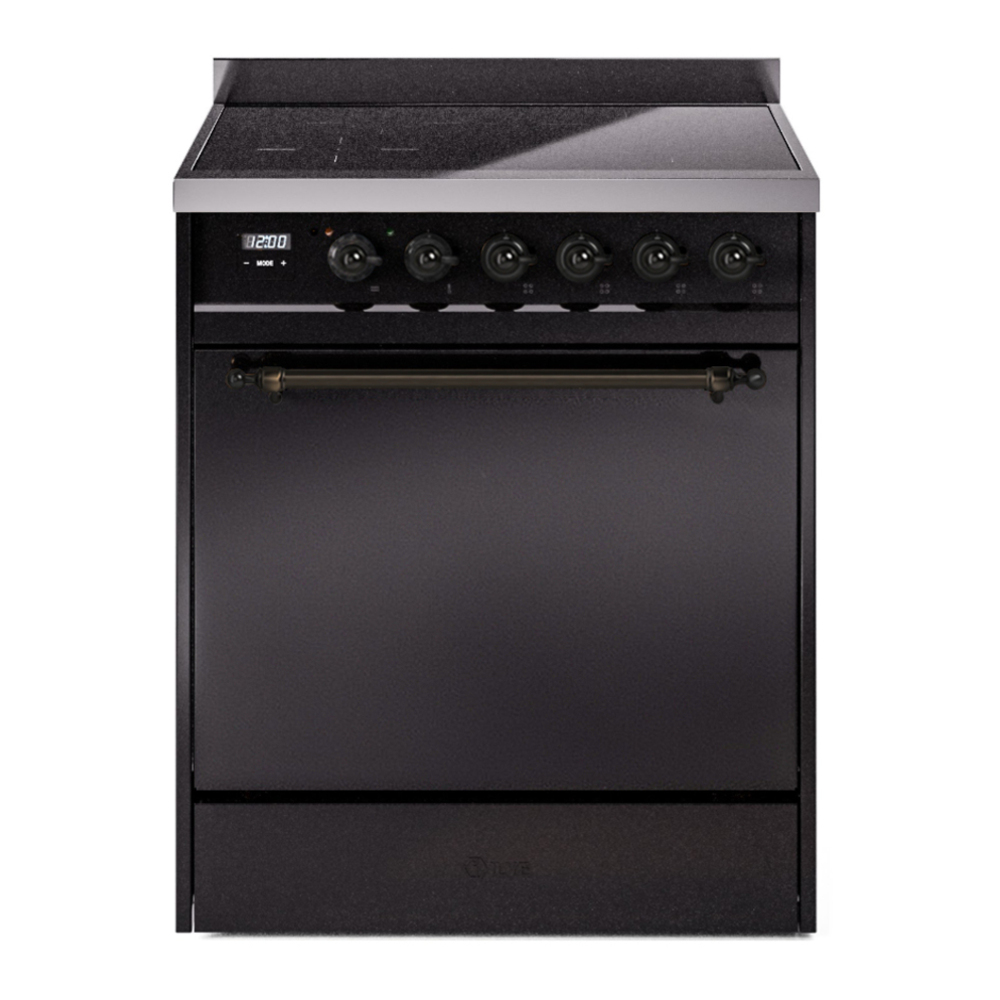ILVE UPI304QNMPBKB Nostalgie II 30 inch Induction Range with 4 Elements (Solid Door, Glossy Black, Burnished) 1 UPI304QNMPBKB
