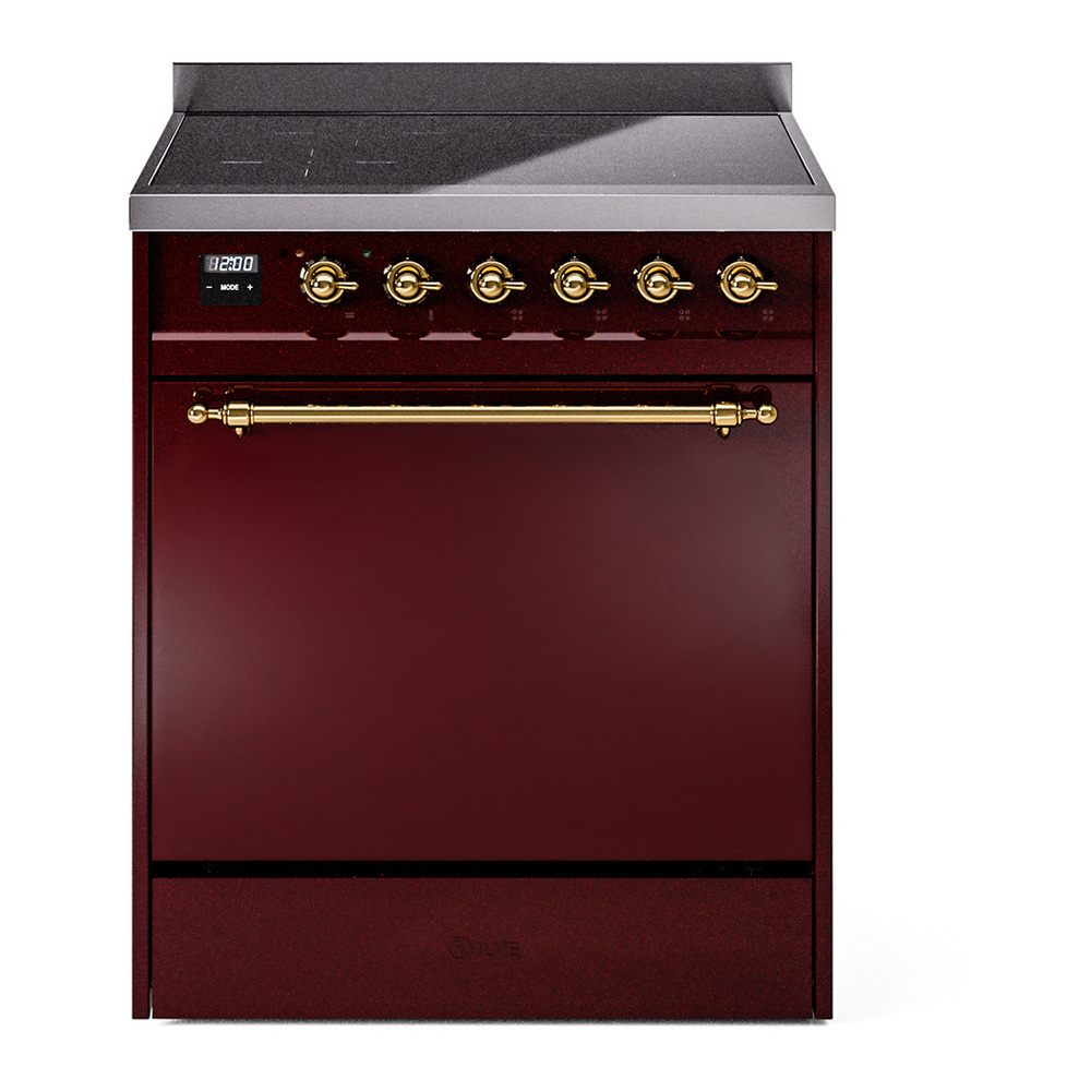 ILVE UPI304QNMPBUG Nostalgie II 30 inch Induction Range with 4 Elements (Solid Door, Burgundy, Brass) 1 UPI304QNMPBUG