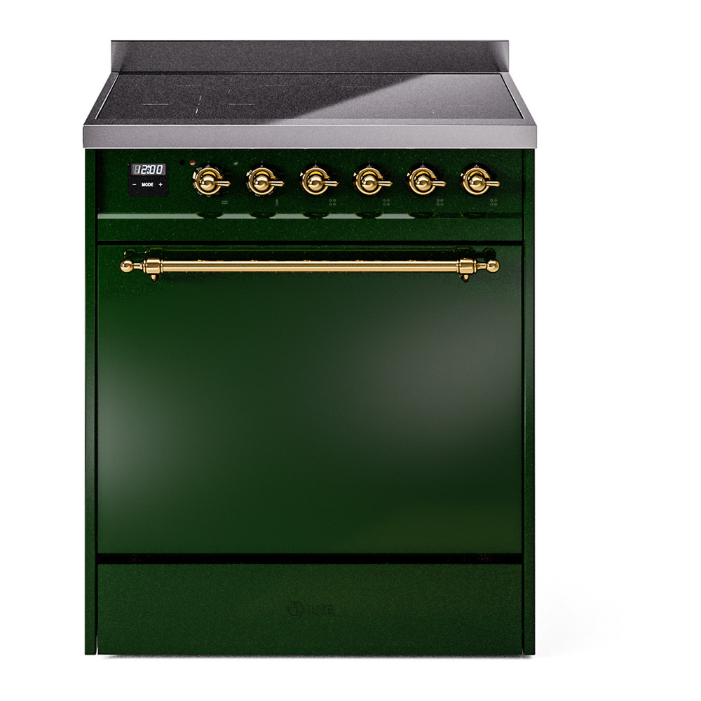 ILVE UPI304QNMPEGG Nostalgie II 30 inch Induction Range with 4 Elements (Solid Door, Emerald Green, Brass) 1 UPI304QNMPEGG