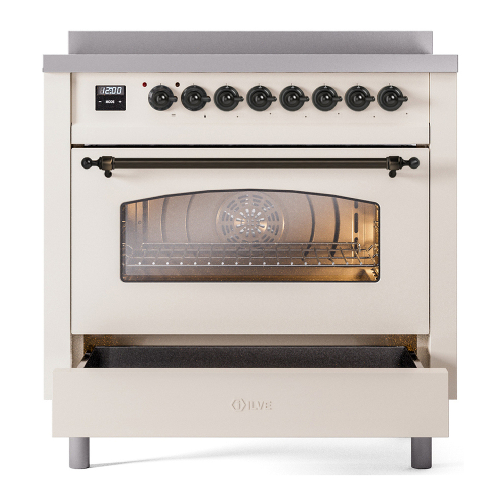 ILVE UPI366NMPAWB Nostalgie II 36 inch Induction Range with 6 Elements (Triple Glass Door, Antique White, Burnished) 6 ILVE UPI366NMP warming drawer opened