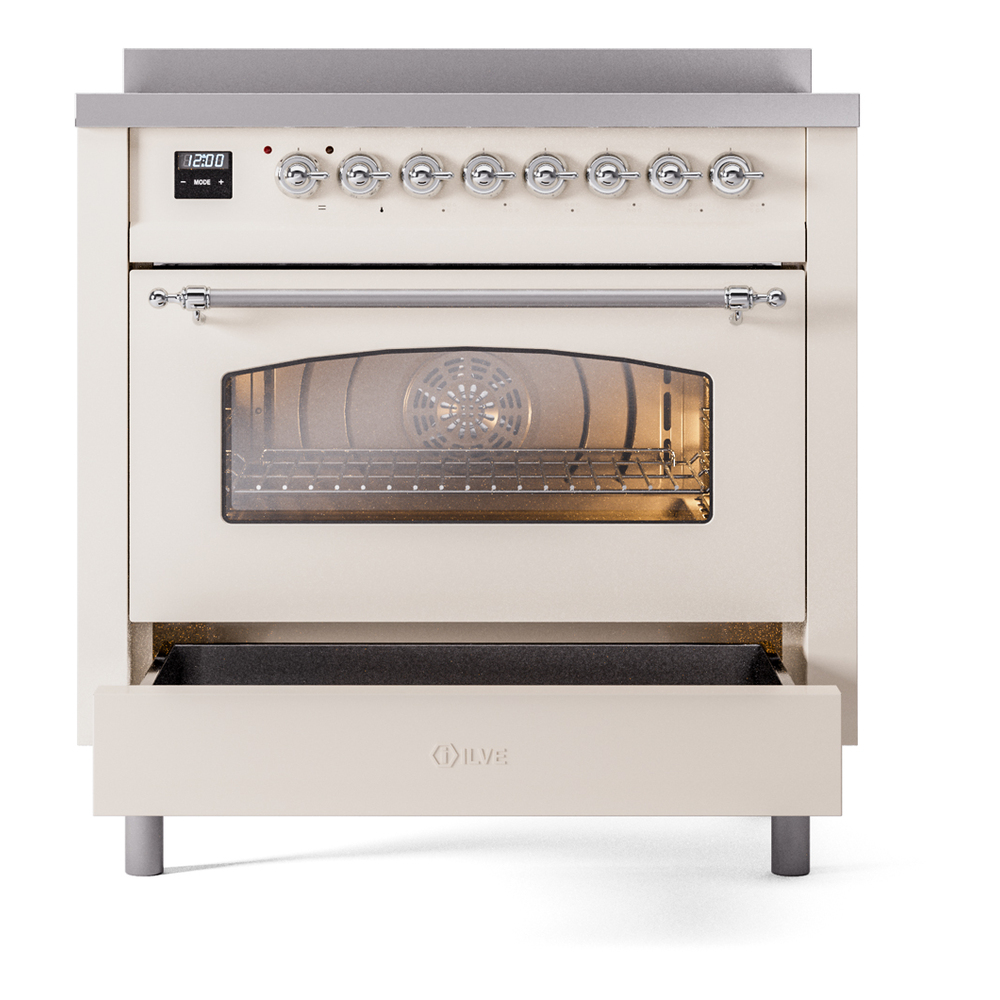 ILVE UPI366NMPAWC Nostalgie II 36" Induction Range, drawer opened