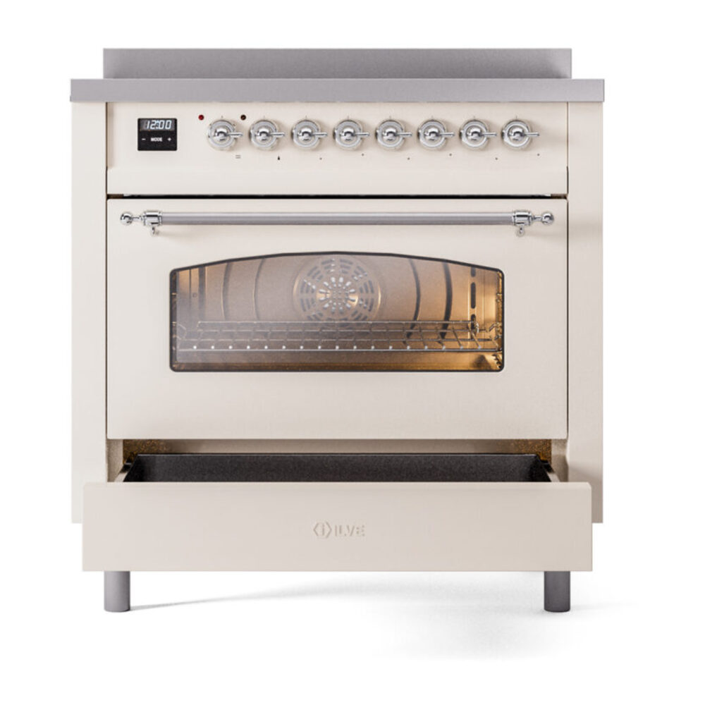 ILVE UPI366NMPAWC Nostalgie II 36" Induction Range, drawer opened