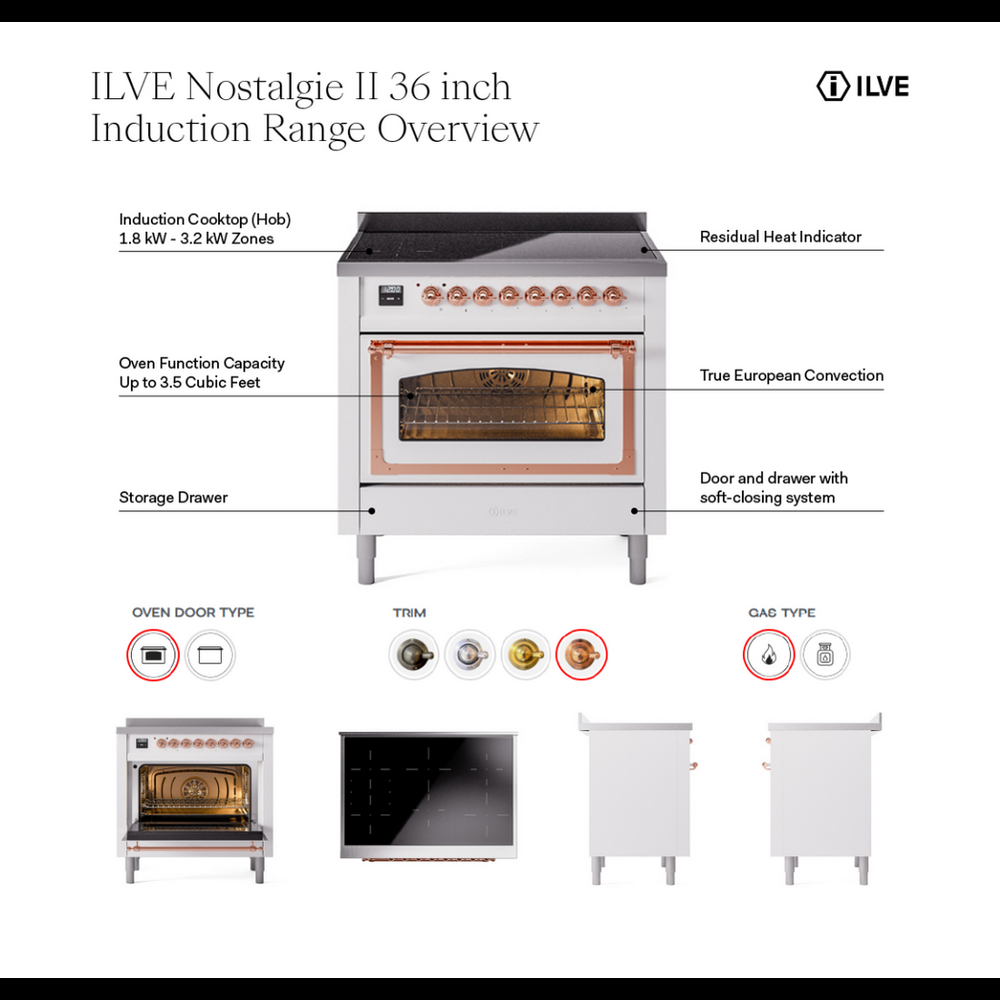 ILVE UPI366NMPAWG Nostalgie II 36 inch Induction Range with 6 Elements (Triple Glass Door, Antique White, Brass) 2 ILVE UPI366NMP Nostalgie II 36 inch Induction Range with 6 Elements