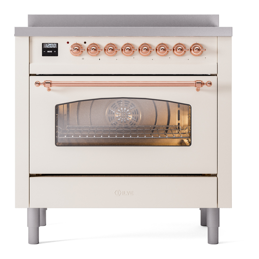 ILVE UPI366NMPAWG Nostalgie II 36 inch Induction Range with 6 Elements (Triple Glass Door, Antique White, Brass) 5 ILVE UPI366NMPAWG Nostalgie II 36" Induction Range, front view