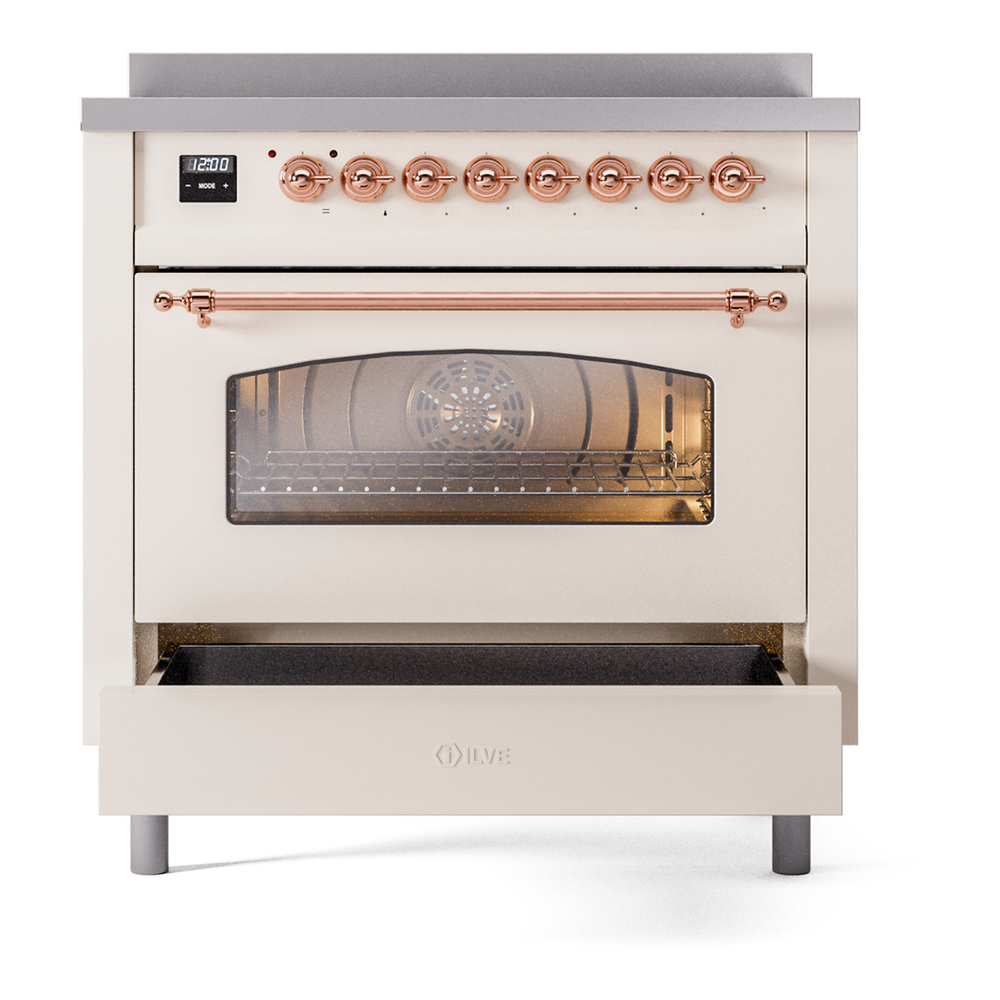 ILVE UPI366NMPAWP Nostalgie II 36 inch Induction Range with 6 Elements (Triple Glass Door, Antique White, Copper) 7 ILVE UPI366NMPAWP Nostalgie II 36" Induction Range, drawer opened