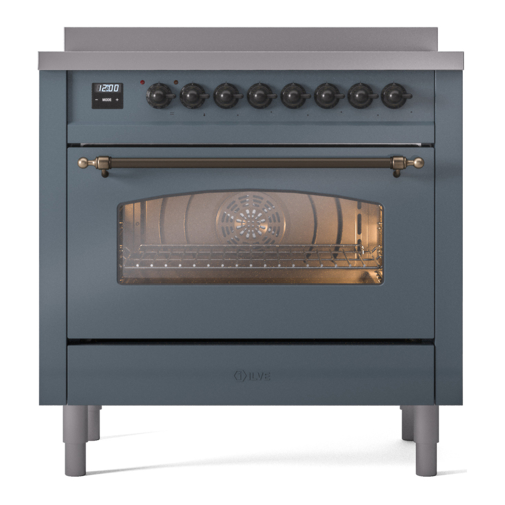 ILVE UPI366NMPBGB Nostalgie II 36 inch Induction Range with 6 Elements (Triple Glass Door, Blue Grey, Burnished) 5 ILVE UPI366NMPBGB Nostalgie II 36" Induction Range, front view