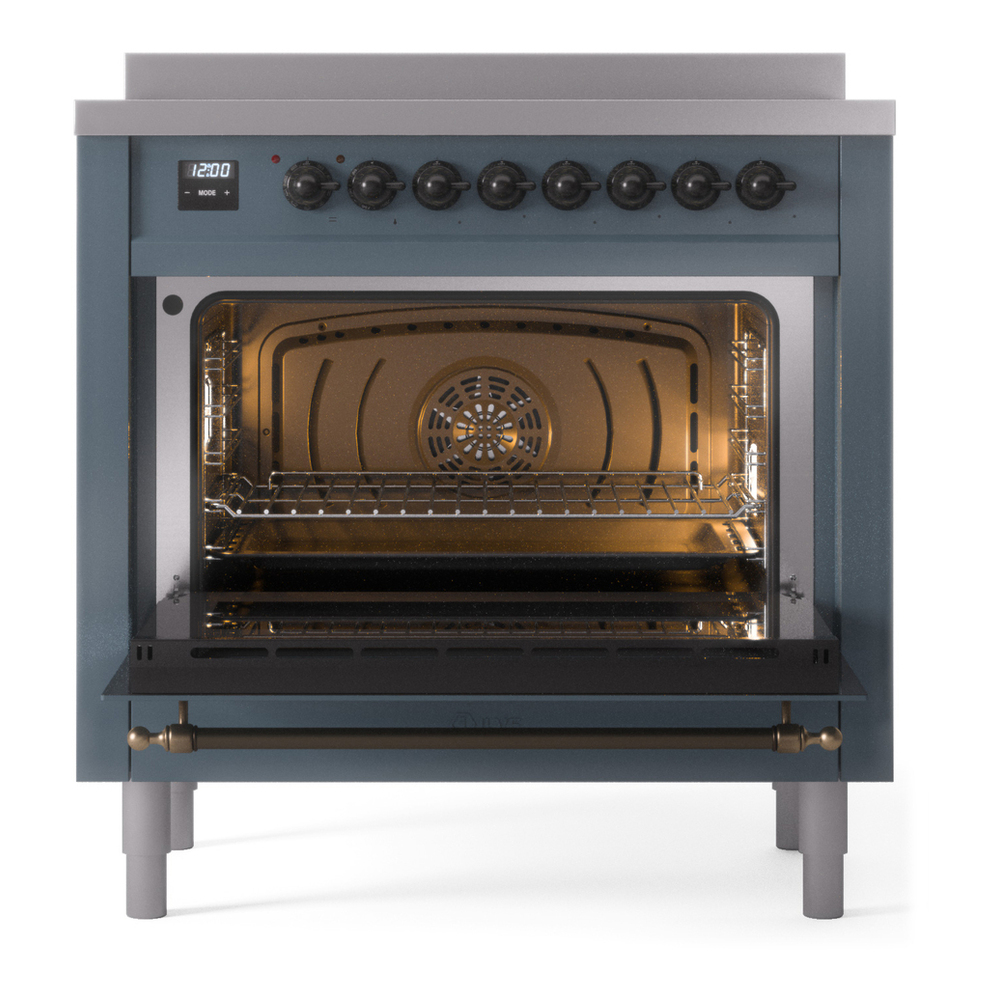 ILVE UPI366NMPBGB Nostalgie II 36 inch Induction Range with 6 Elements (Triple Glass Door, Blue Grey, Burnished) 6 ILVE UPI366NMPBGB Nostalgie II 36" Induction Range, oven door opened