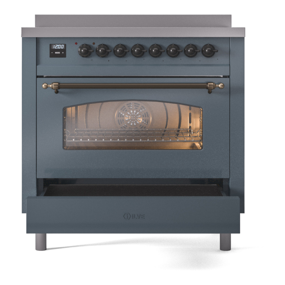 ILVE UPI366NMPBGB Nostalgie II 36 inch Induction Range with 6 Elements (Triple Glass Door, Blue Grey, Burnished) 7 ILVE UPI366NMPBGB Nostalgie II 36" Induction Range, drawer opened
