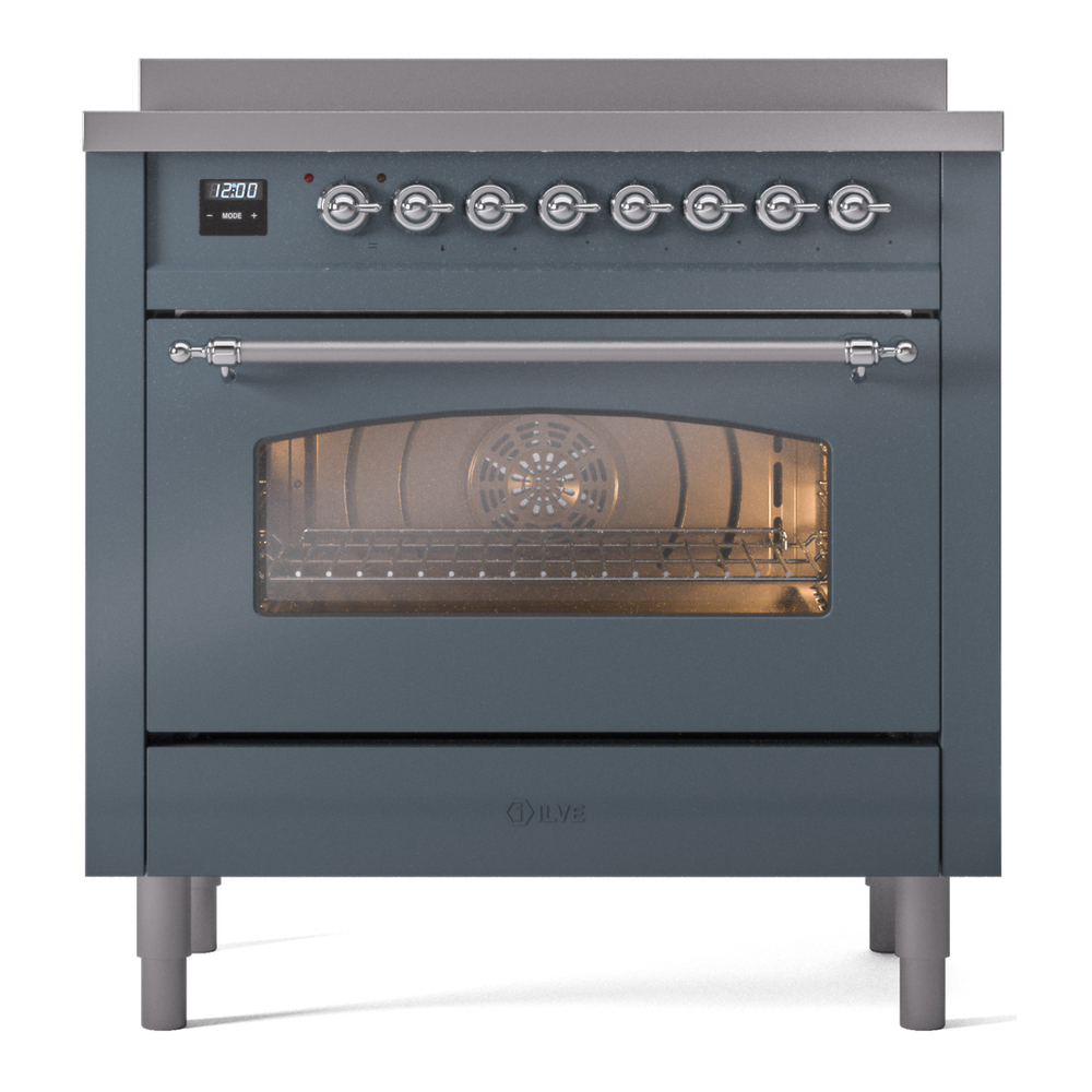 ILVE UPI366NMPBGC Nostalgie II 36 inch Induction Range with 6 Elements (Triple Glass Door, Blue Grey, Chrome) 5 ILVE UPI366NMPBGC Nostalgie II 36" Induction Range, front view