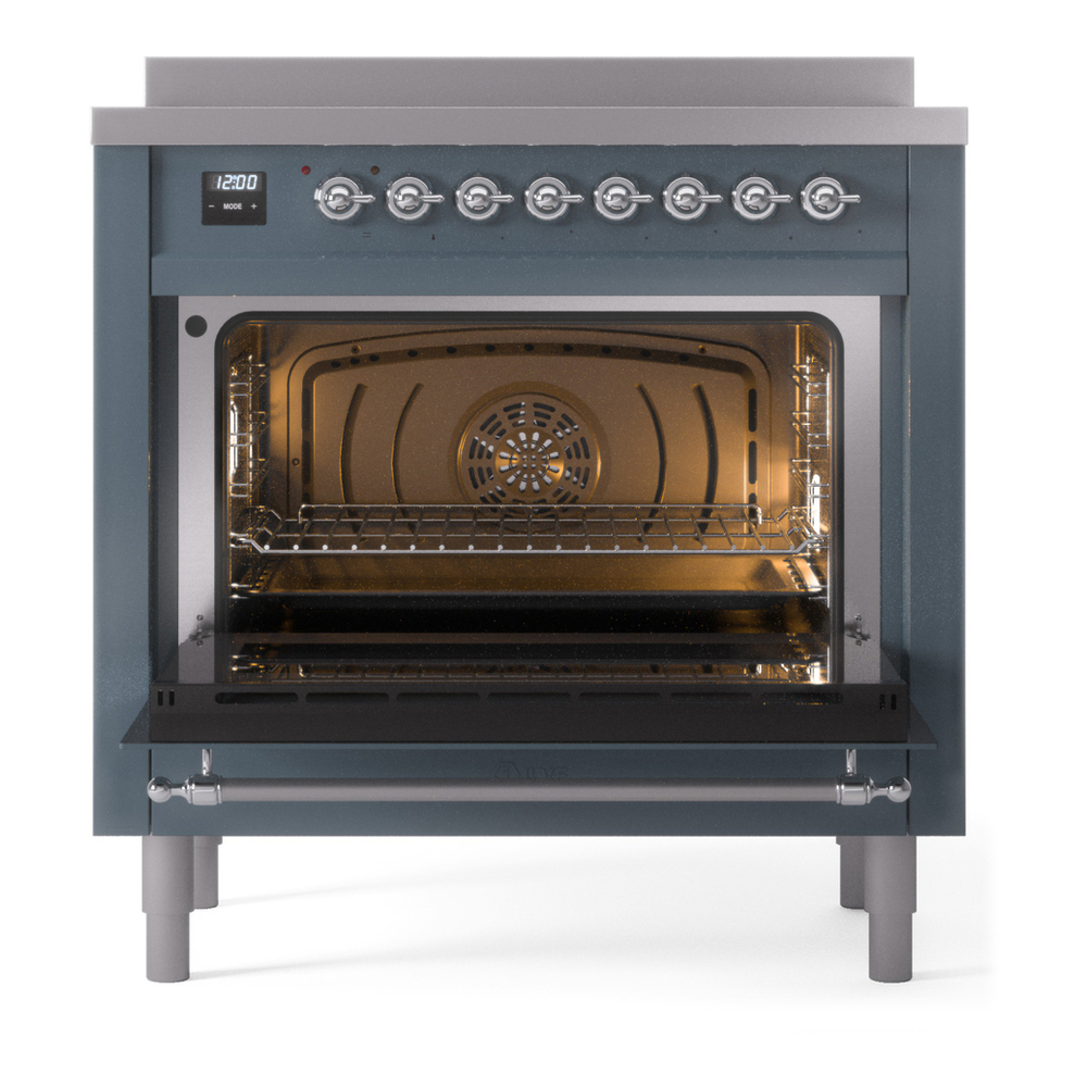 ILVE UPI366NMPBGC Nostalgie II 36 inch Induction Range with 6 Elements (Triple Glass Door, Blue Grey, Chrome) 6 ILVE UPI366NMPBGC Nostalgie II 36" Induction Range, oven door opened