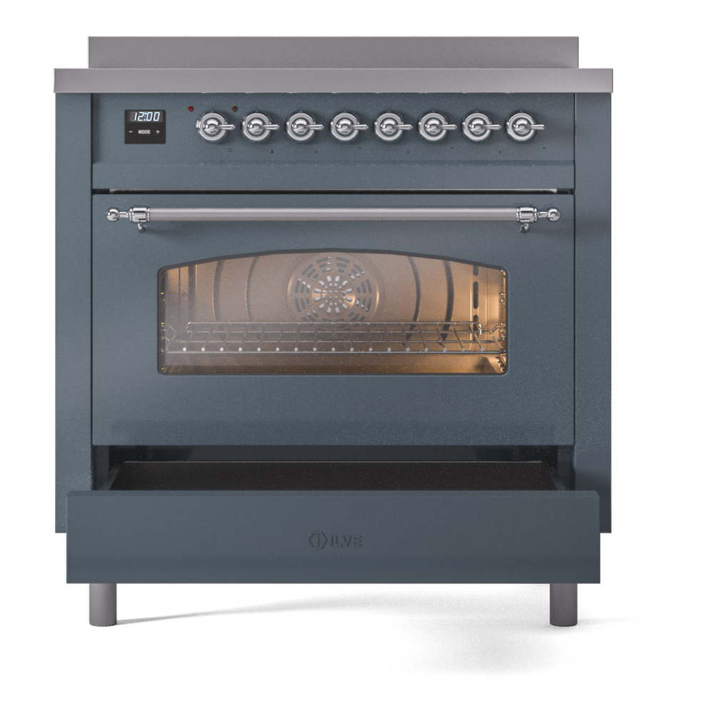ILVE UPI366NMPBGC Nostalgie II 36 inch Induction Range with 6 Elements (Triple Glass Door, Blue Grey, Chrome) 7 ILVE UPI366NMPBGC Nostalgie II 36" Induction Range, drawer opened