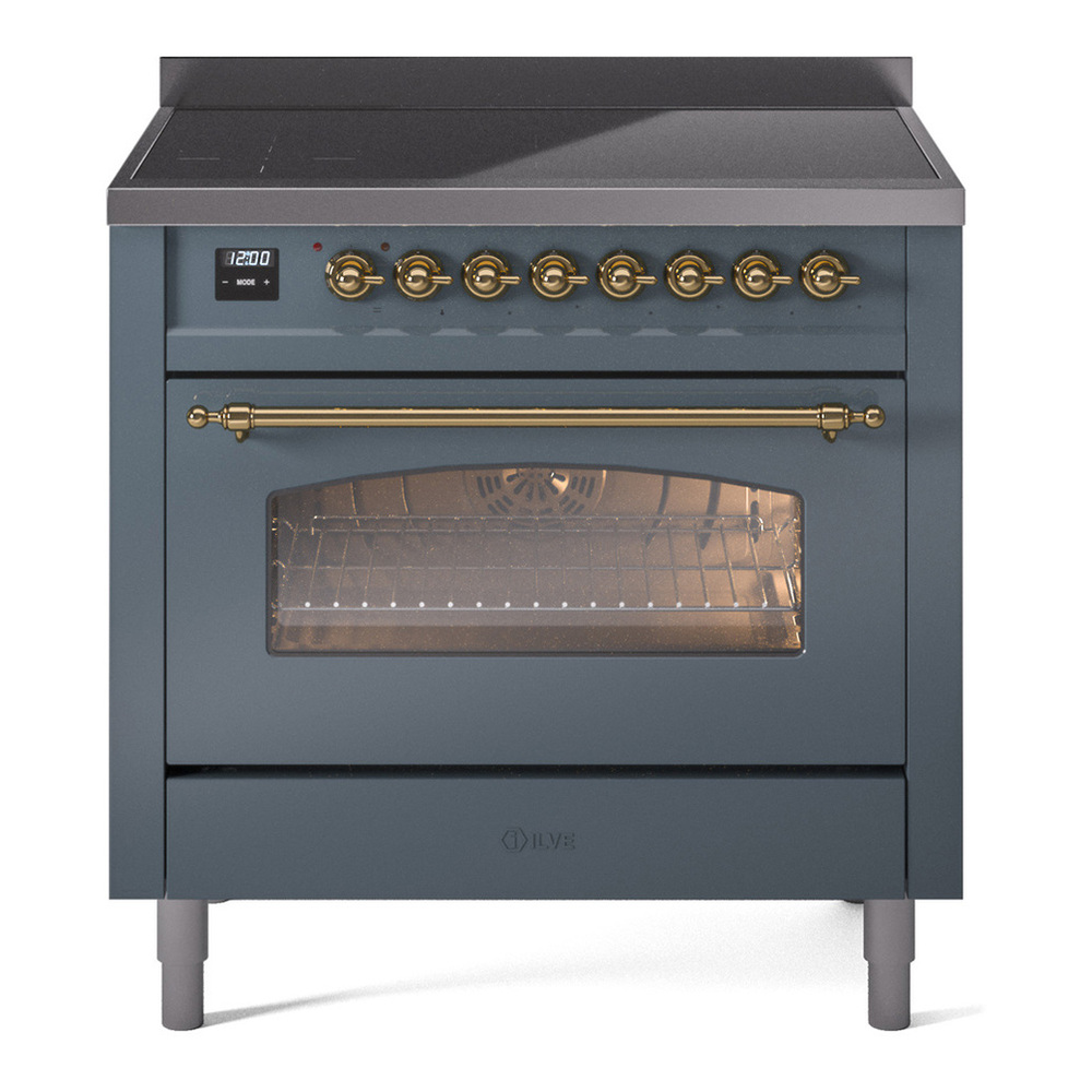 ILVE UPI366NMPBGG Nostalgie II 36 inch Induction Range with 6 Elements (Triple Glass Door, Blue Grey, Brass)