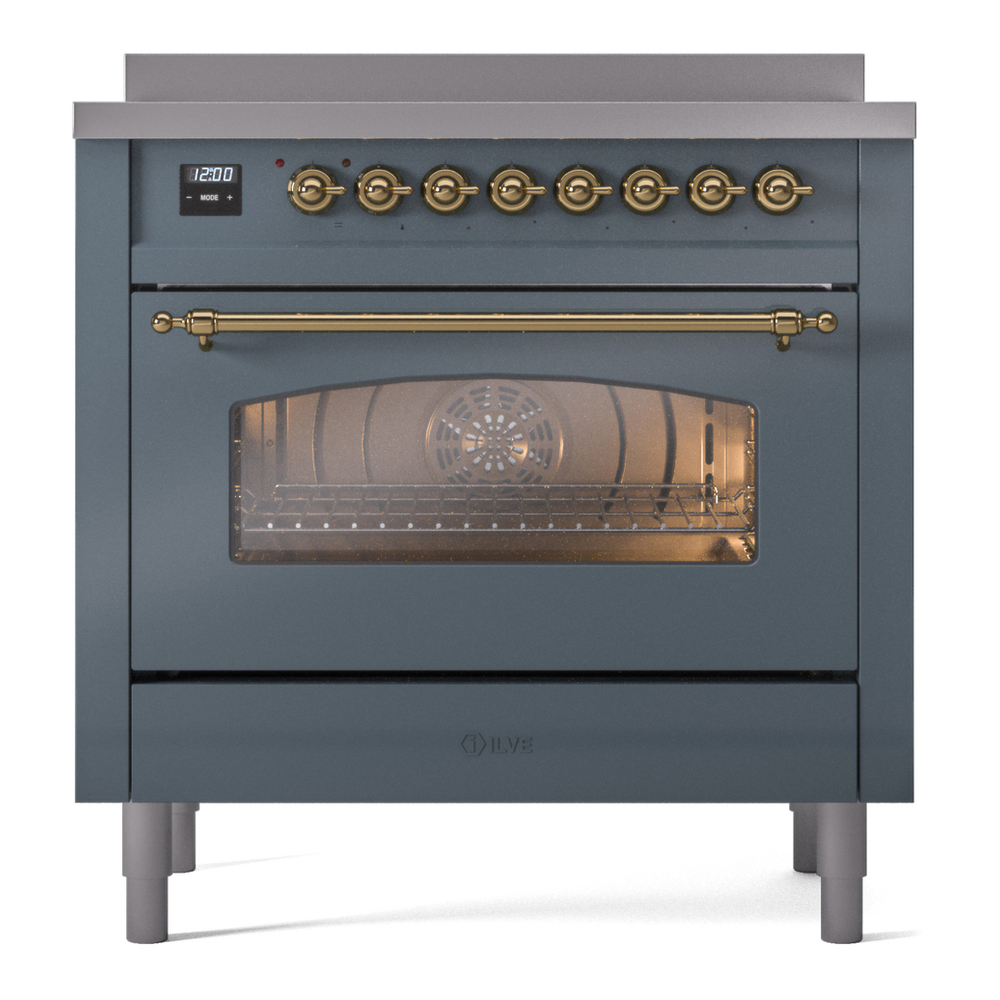 ILVE UPI366NMPBGG Nostalgie II 36 inch Induction Range with 6 Elements (Triple Glass Door, Blue Grey, Brass) 5 ILVE UPI366NMPBGG Nostalgie II 36" Induction Range, front view