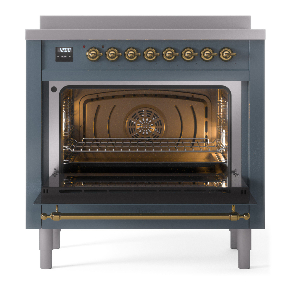 ILVE UPI366NMPBGG Nostalgie II 36 inch Induction Range with 6 Elements (Triple Glass Door, Blue Grey, Brass) 6 ILVE UPI366NMPBGG Nostalgie II 36" Induction Range, oven door opened