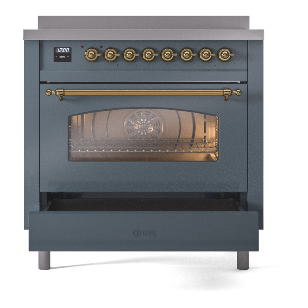 ILVE UPI366NMPBGG Nostalgie II 36 inch Induction Range with 6 Elements (Triple Glass Door, Blue Grey, Brass) 7 ILVE UPI366NMPBGG Nostalgie II 36" Induction Range, drawer opened