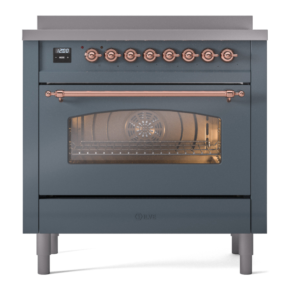 ILVE UPI366NMPBGP Nostalgie II 36 inch Induction Range with 6 Elements (Triple Glass Door, Blue Grey, Copper) 5 ILVE UPI366NMPBGP Nostalgie II 36" Induction Range, front view