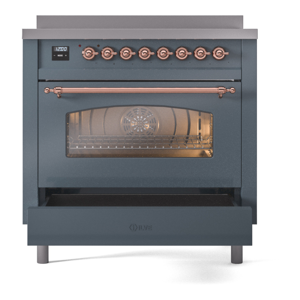 ILVE UPI366NMPBGP Nostalgie II 36 inch Induction Range with 6 Elements (Triple Glass Door, Blue Grey, Copper) 7 ILVE UPI366NMPBGP Nostalgie II 36" Induction Range, drawer opened